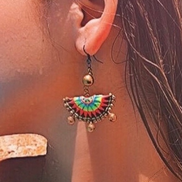 Boho Embroidered Antique Brass Earrings - Picture 4 of 4